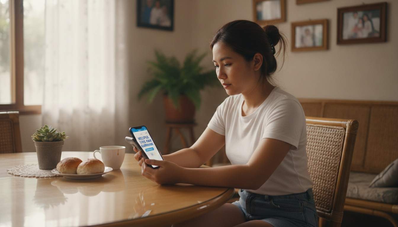 Filipina woman reading information on her phone at home