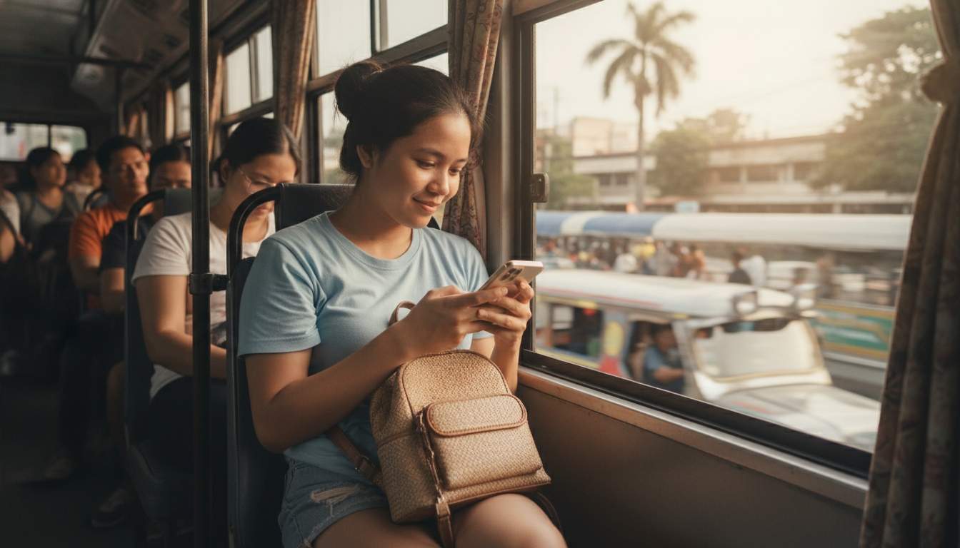 Filipina woman using her smartphone during a commute