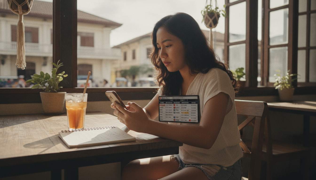 Filipina woman checking sports schedules on her phone