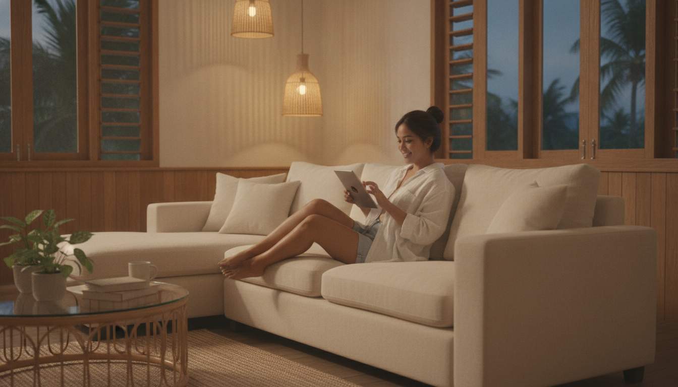 Filipina woman relaxing with a tablet in a modern home