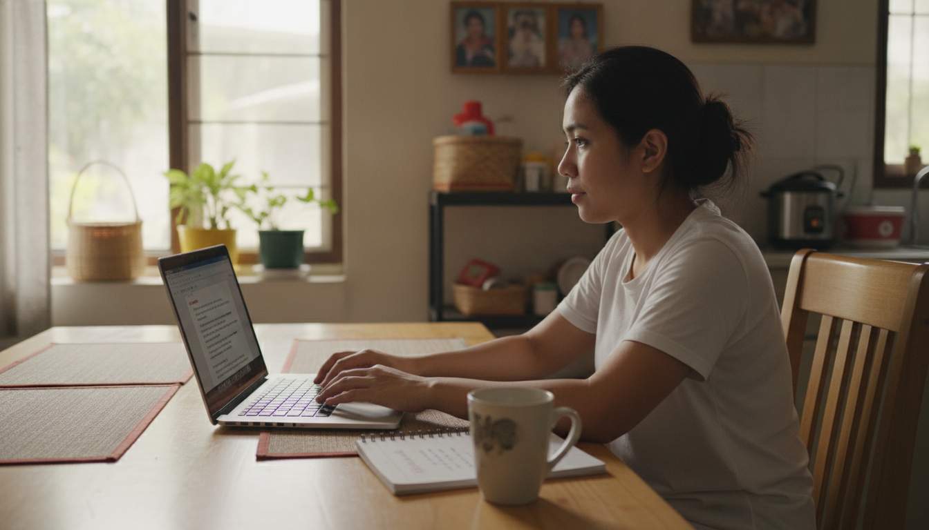 Filipina woman writing a support message on a laptop