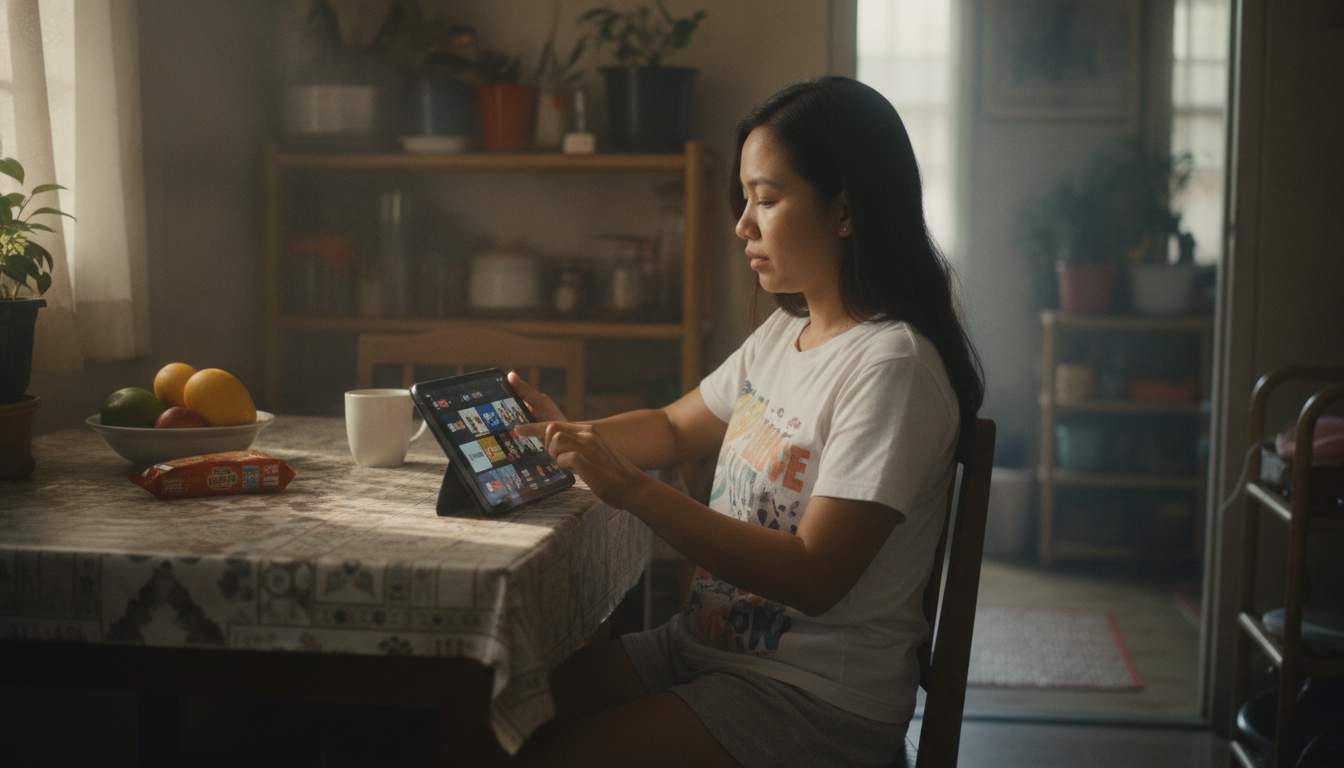 Filipina woman browsing entertainment options on a tablet