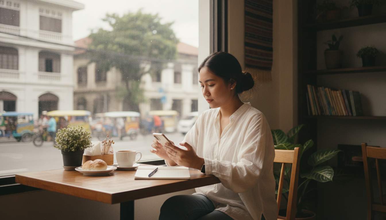 Filipina woman using a smartphone at a Manila cafe