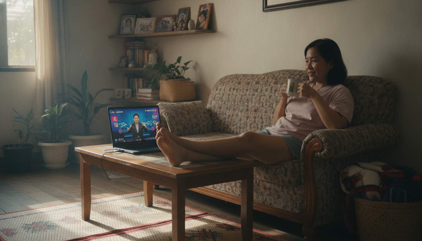Filipino adult enjoying a real-time hosted entertainment stream at home