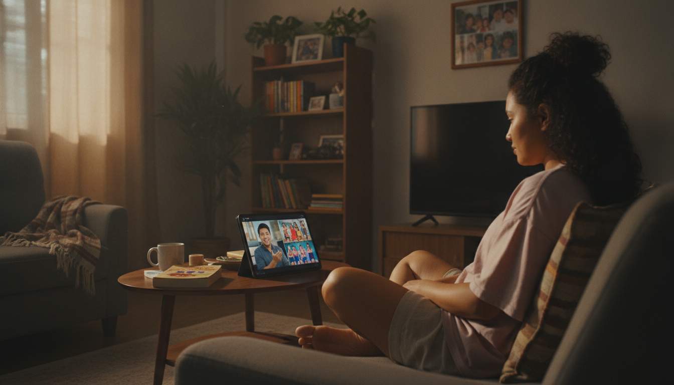 Filipina woman watching a hosted entertainment stream on a tablet