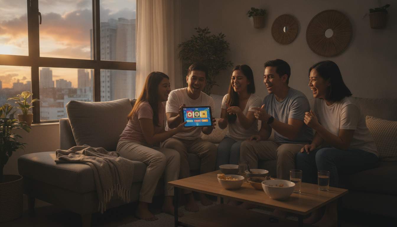 Friends in the Philippines enjoying an interactive live entertainment broadcast on a tablet