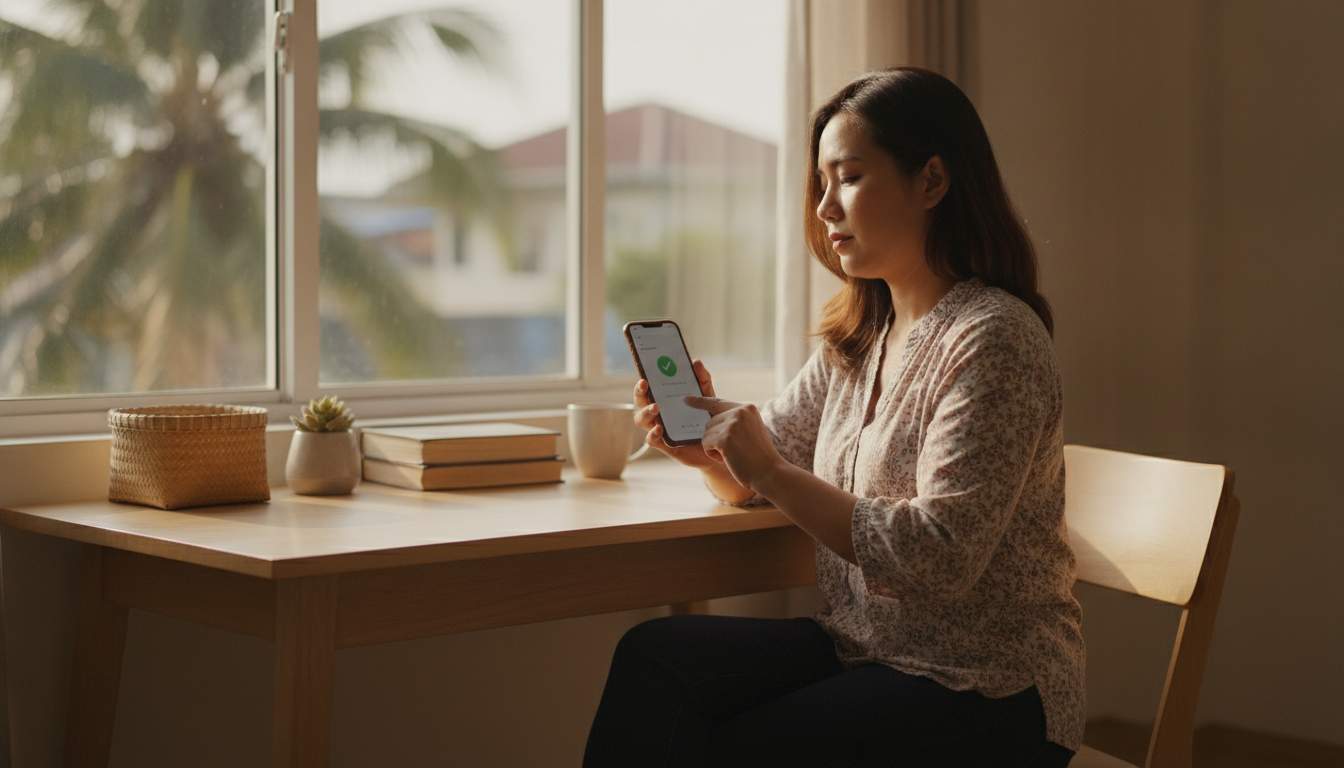 Filipina woman signing in securely on her phone