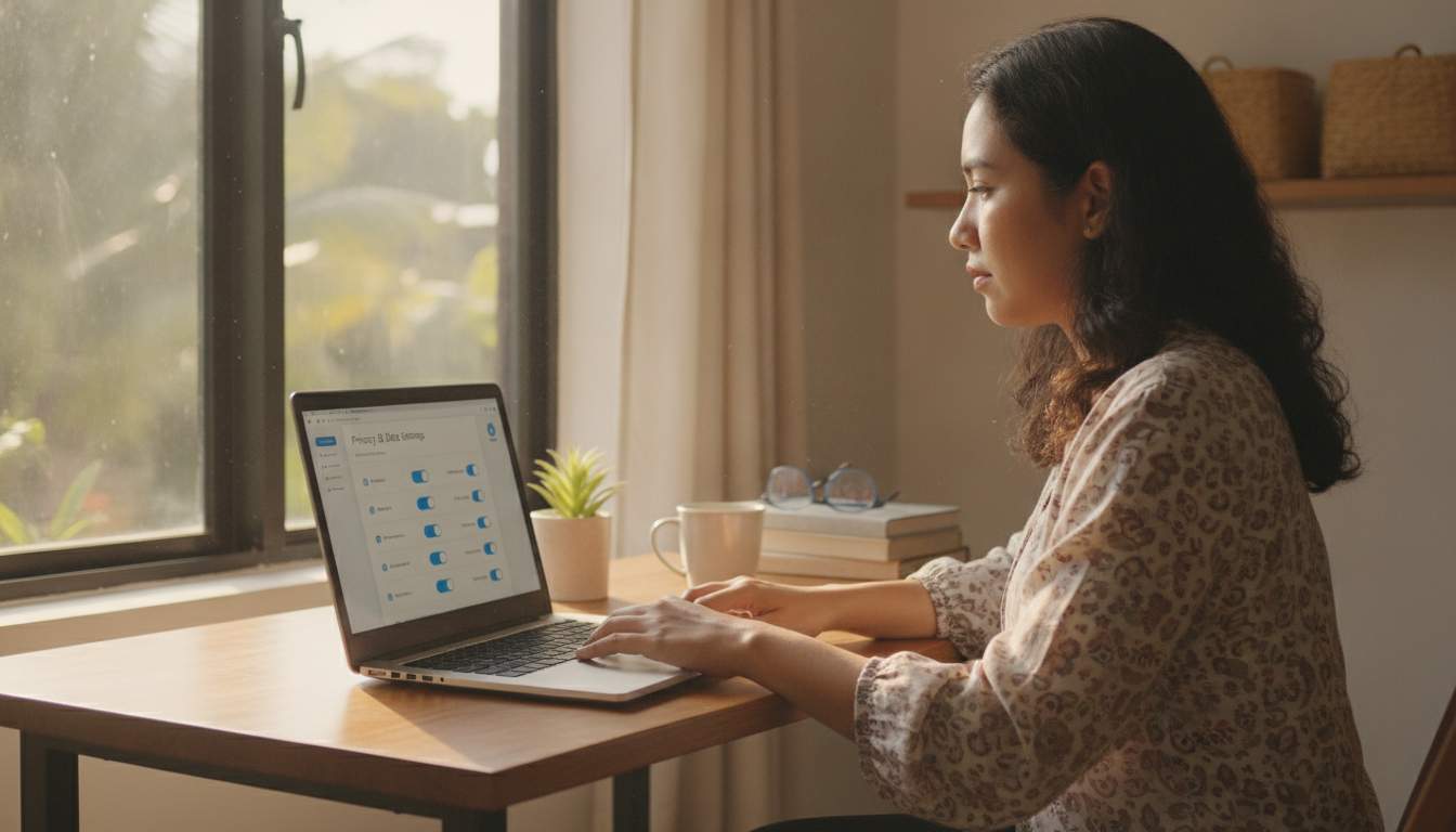 Filipina woman reviewing privacy settings on a laptop