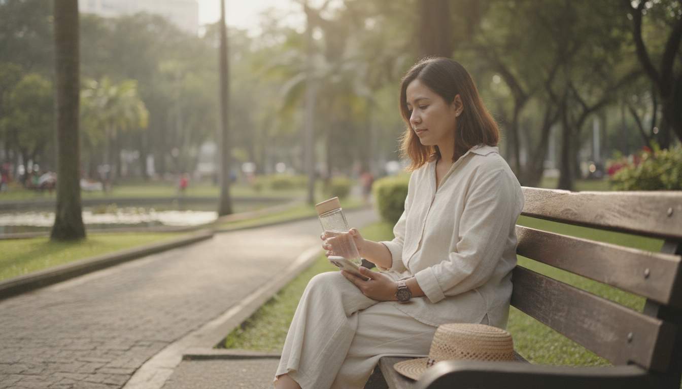 Filipina woman taking a mindful break outdoors