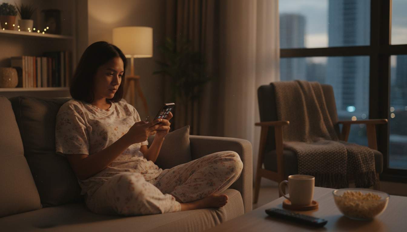 Filipina woman exploring entertainment choices on a phone