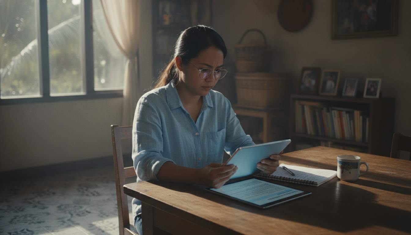 Filipina woman reading terms on a tablet at home